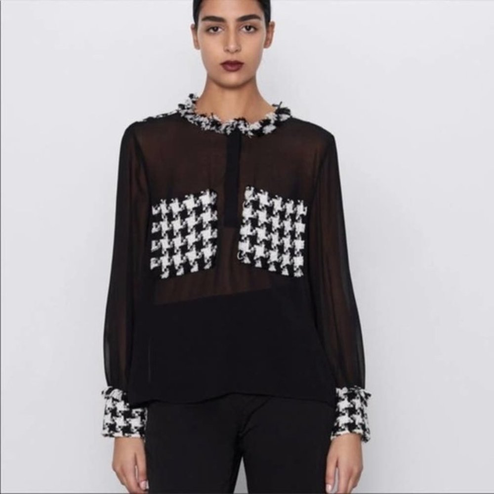 Zara Bloggers Favorite Sheer Black White Houndstooth Tweed Pocket Button Blouse